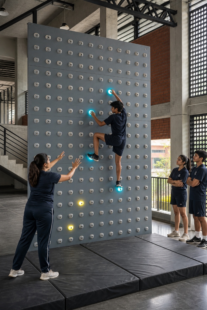School students climbing on ClimbFit wall during physical education