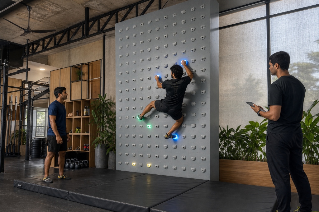 A coach monitors a climber on the ClimbFit wall using a tablet, reviewing live performance metrics